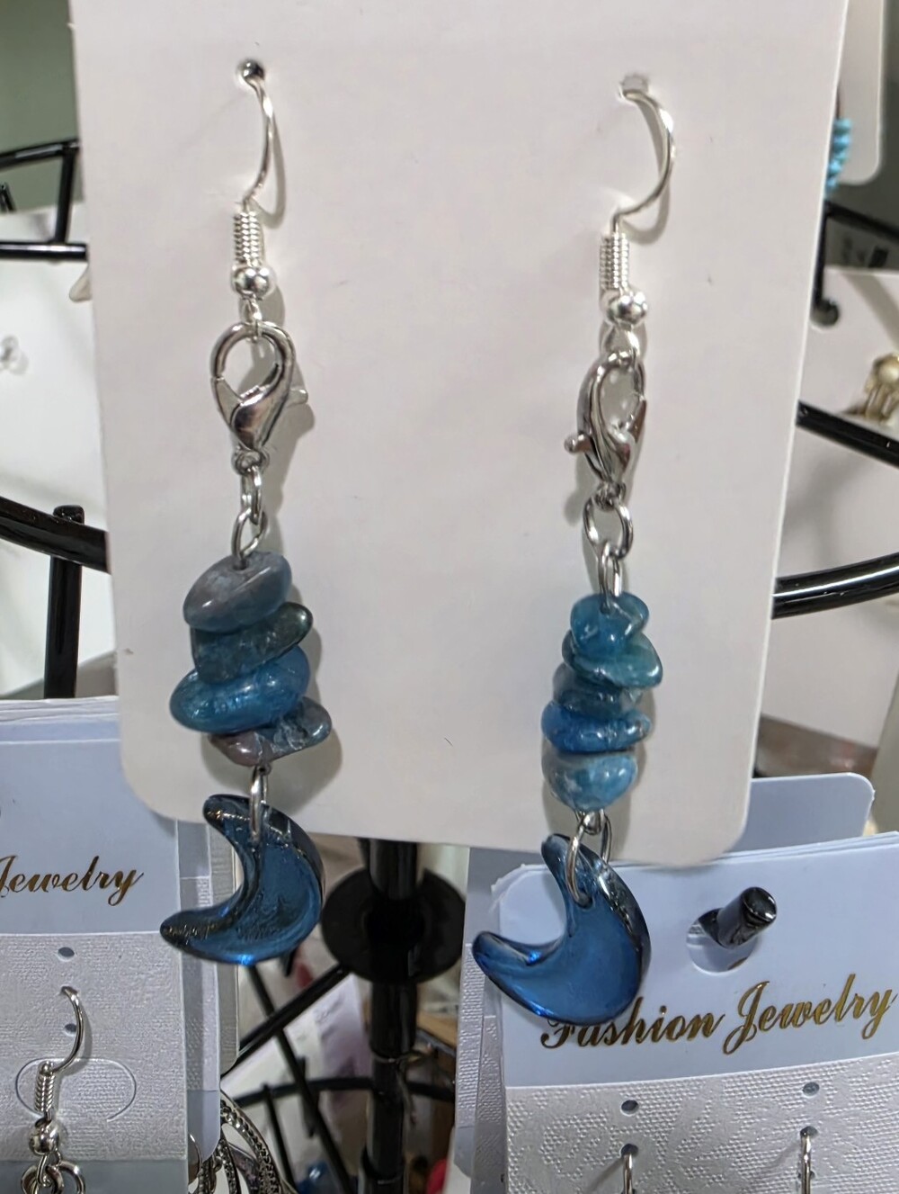 925 Hook Crescent Moon Earrings Blue Stone Dangle Sterling Silver